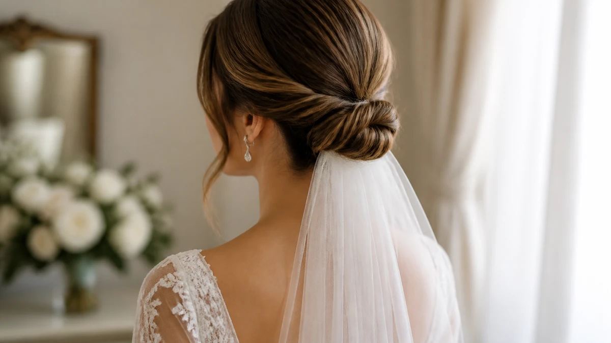 low bun veil placement wedding hairstyle for long face shape