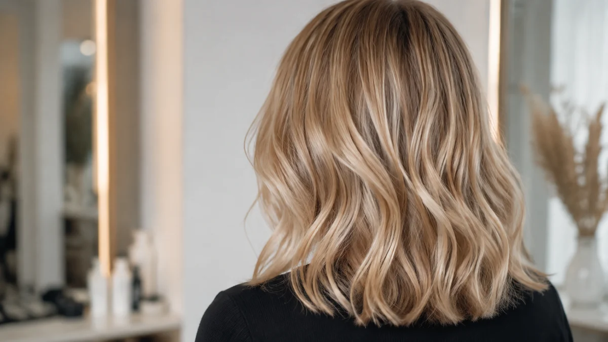 Finished beige blonde balayage with champagne ribbons and a soft root blend