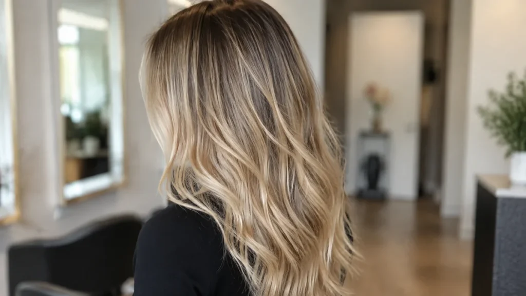 Soft dimensional blonde balayage with a natural darker root blend