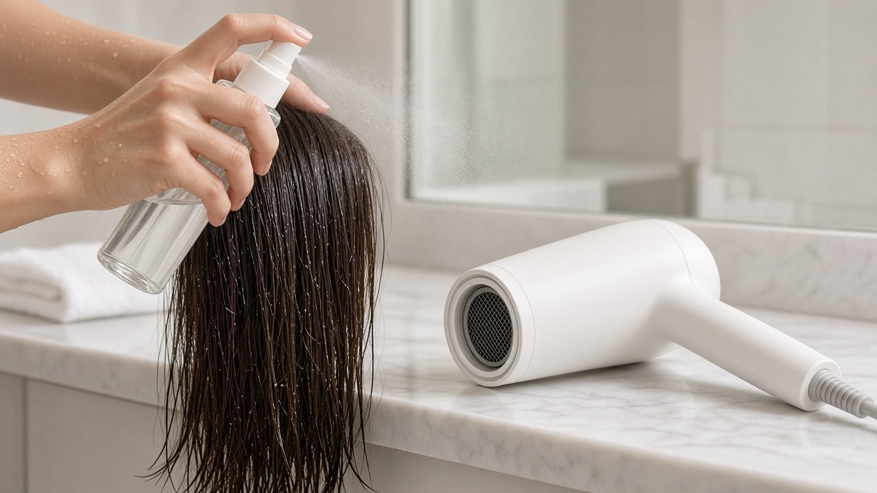 Lightweight mist being sprayed onto damp fine hair before blow-drying, with a compact dryer and round brush nearby
