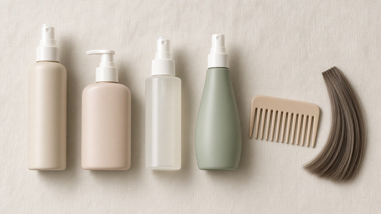 Flat lay of unlabeled spray bottles and mist samples showing different textures on a white and pale blue surface