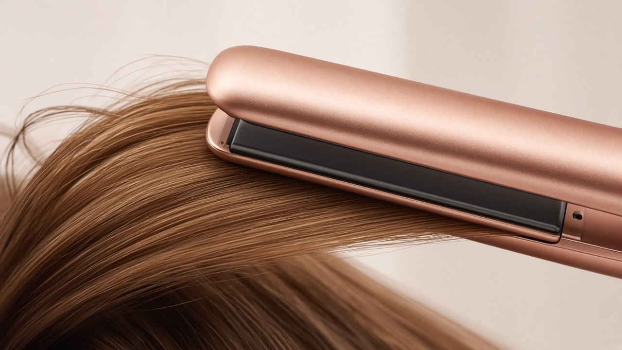 A section of fine hair held up and misted with a plain clear spray bottle before using a flat iron