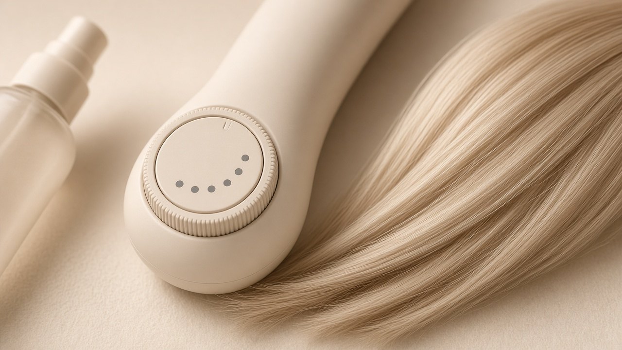 Close-up of a generic white flat iron with its heat indicator lit only to a low-to-medium setting