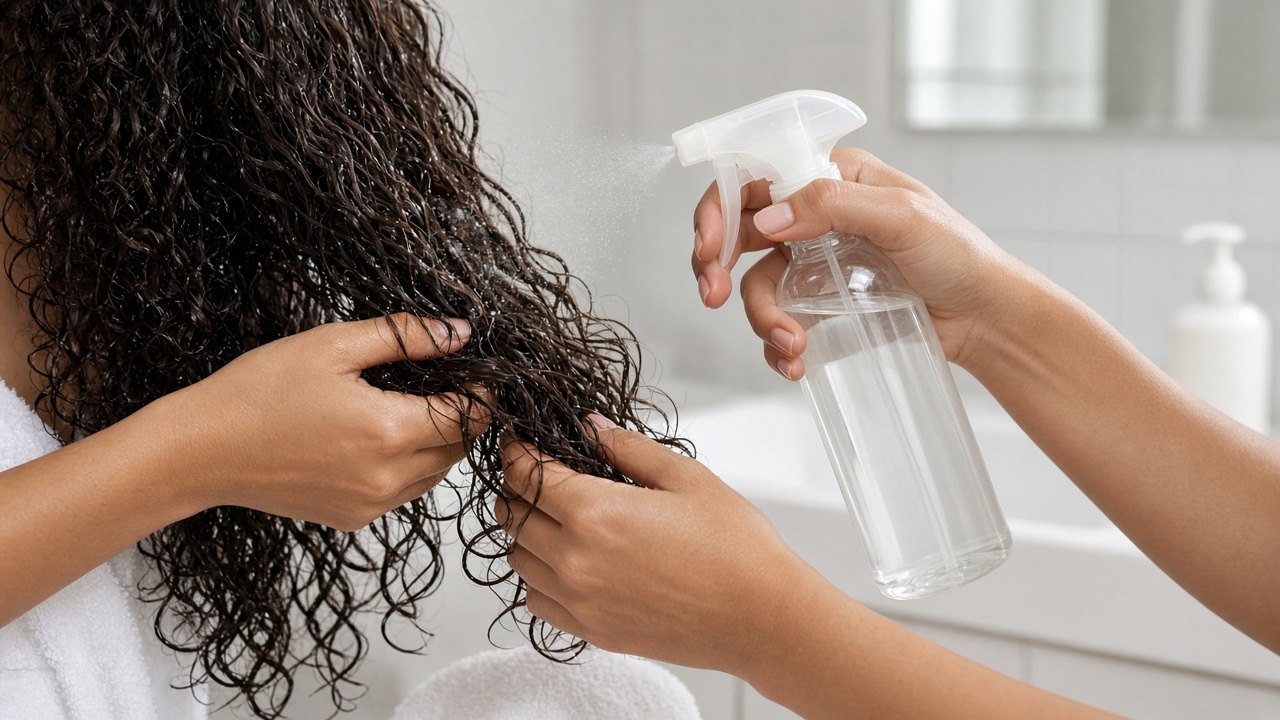 Hands sectioning damp curly hair while applying a clear leave-in from a plain unlabeled bottle