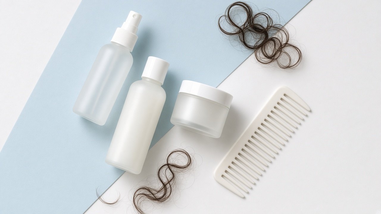 Flat lay of unlabeled spray, milk and cream bottles in different textures on a white and pale blue surface