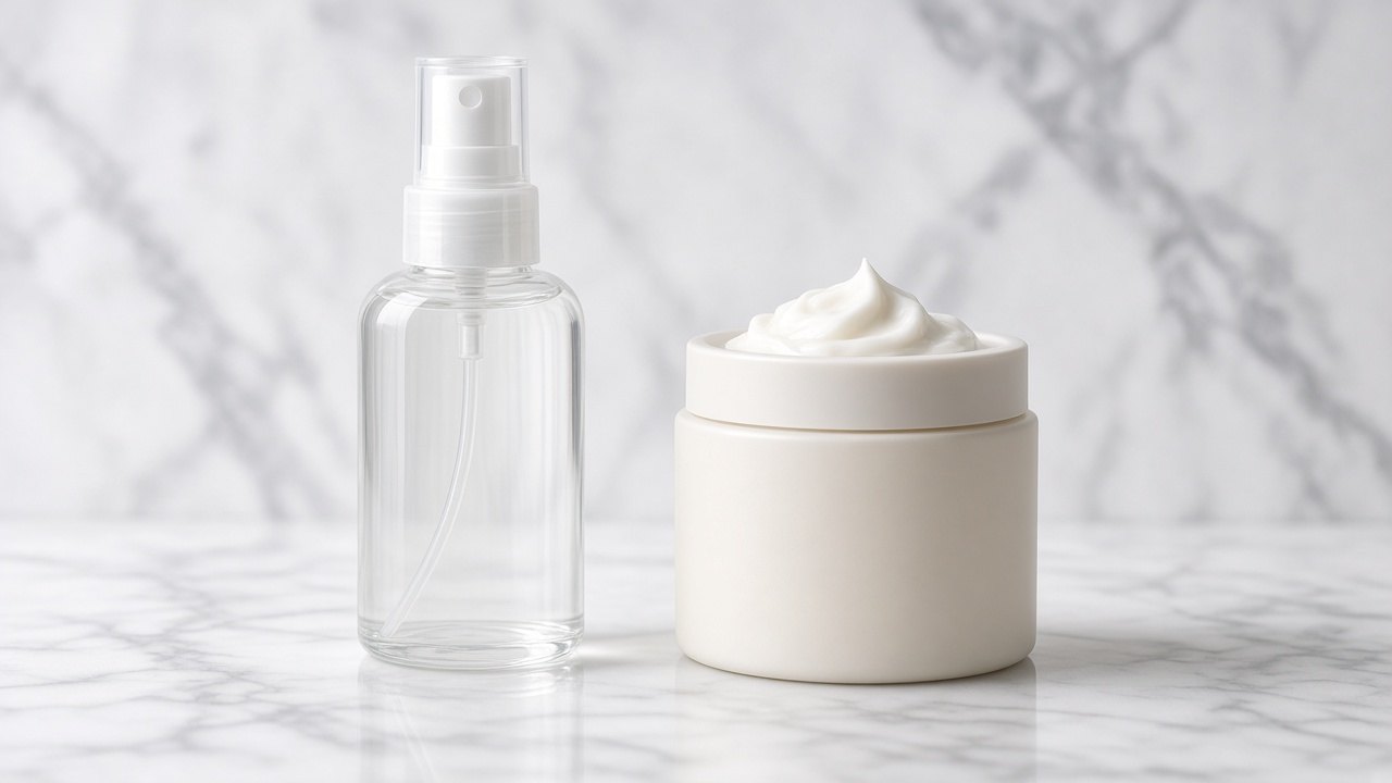 Side-by-side still life of lightweight mist versus richer cream leave-in textures in plain jars, no logos