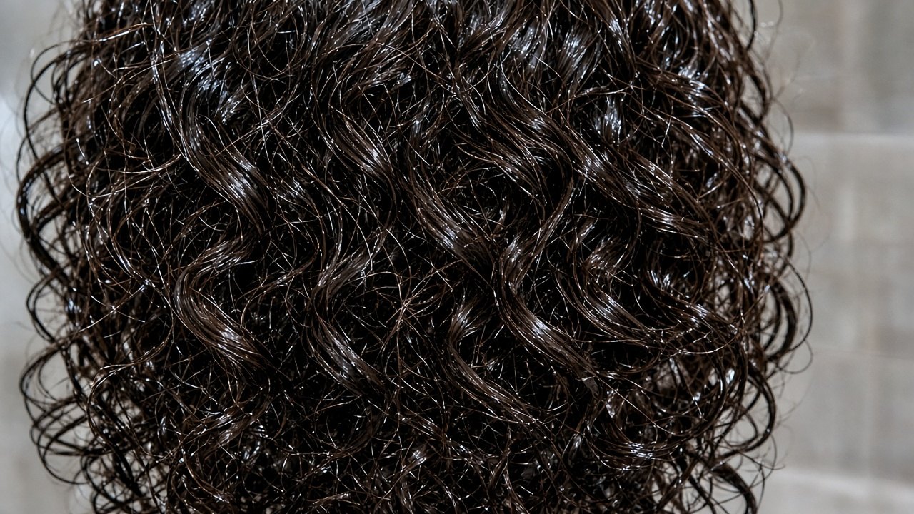 Close-up of well-defined wet curly hair coils with soft light and no face or brand labels