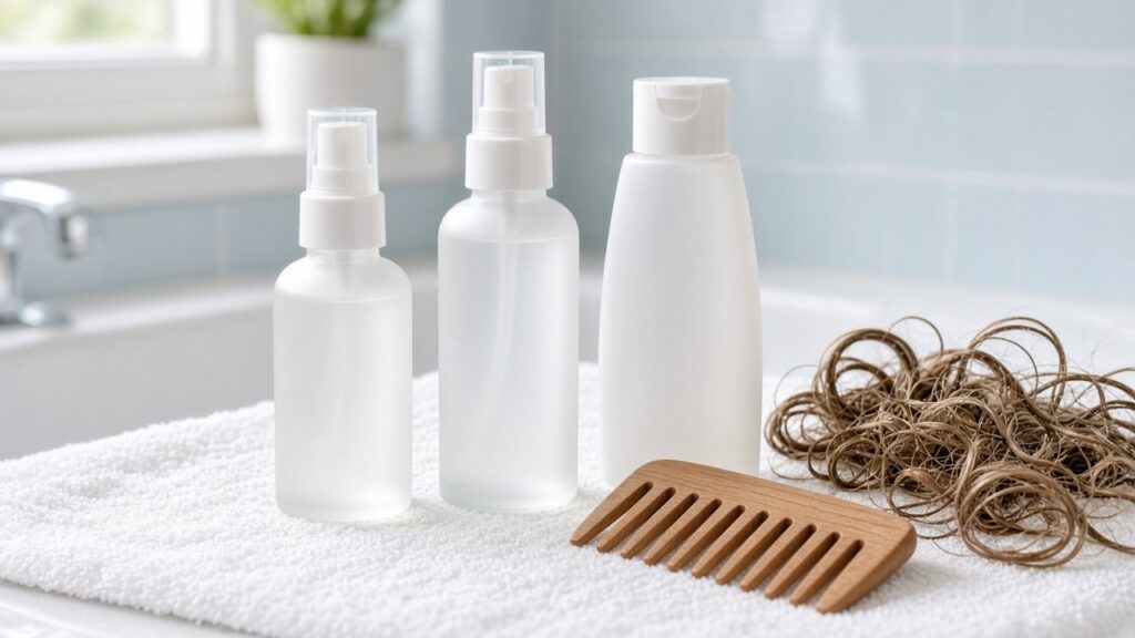 Unlabeled frosted bottles and a wide-tooth comb beside soft wet curly hair strands on a white towel in a bright bathroom
