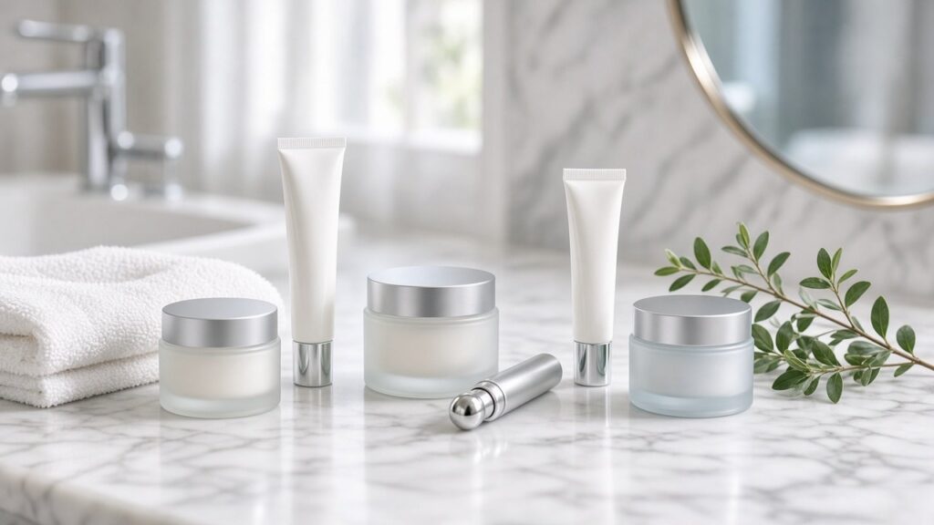 Unlabeled luxury eye cream jars and tubes arranged on a white marble vanity in soft light, no logos or brand names