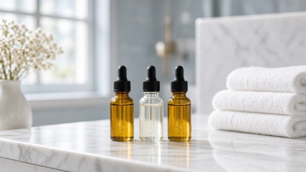 Unlabeled amber and clear glass dropper bottles with gold and clear facial oils beside soft towels on a bright vanity, no logos