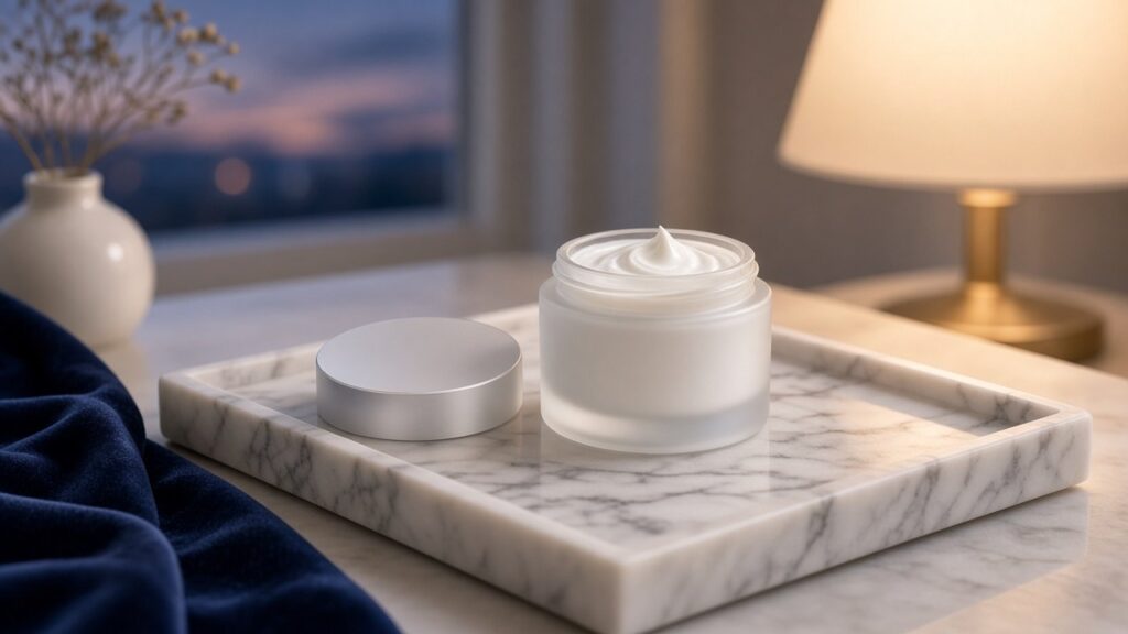 Unbranded luxury night cream jar on a marble vanity at soft evening light