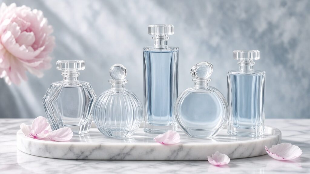 Unbranded luxury perfume bottles on a marble vanity tray