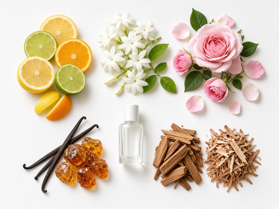 Citrus, floral, gourmand and woody perfume ingredients flat lay
