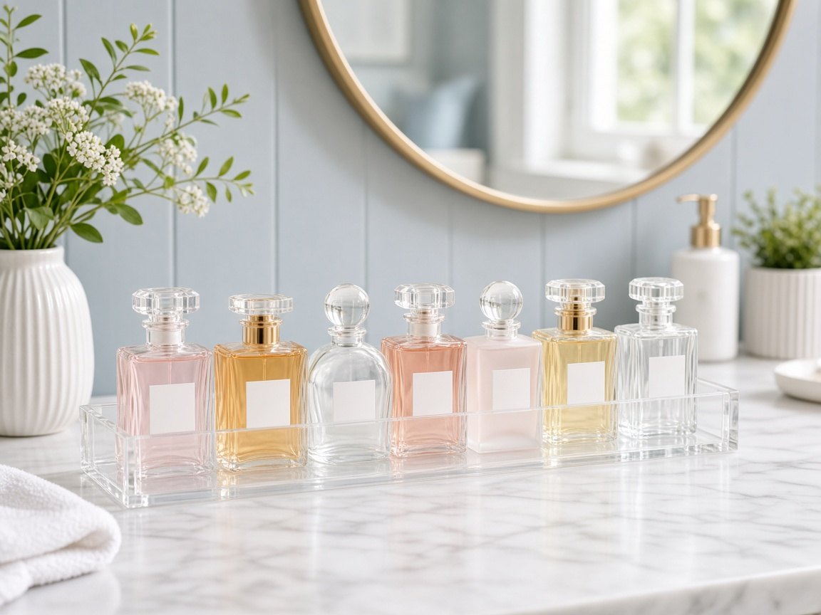 Row of unbranded perfume bottles on a bathroom vanity