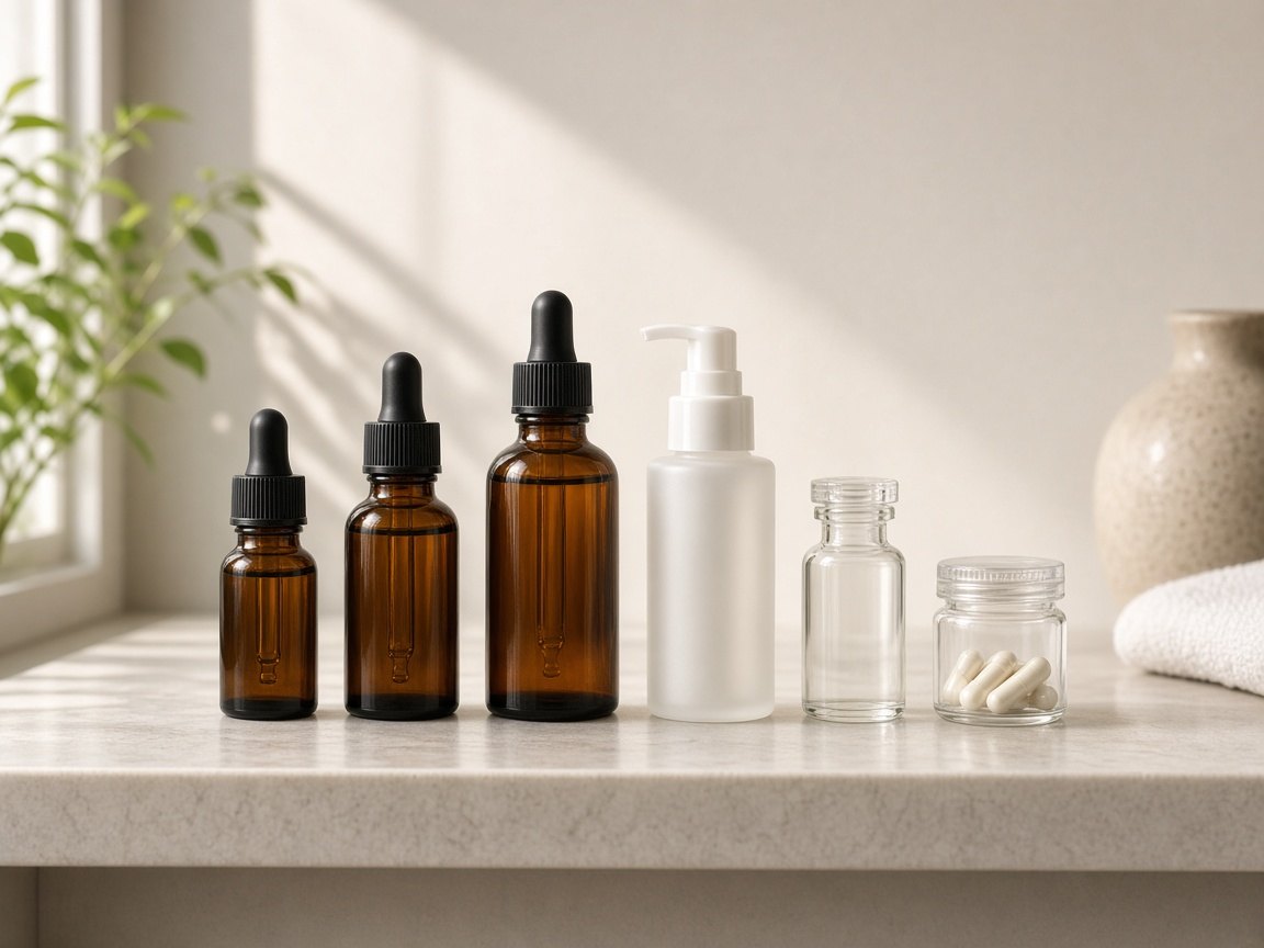 Row of unbranded dropper serum bottles lined up for comparison