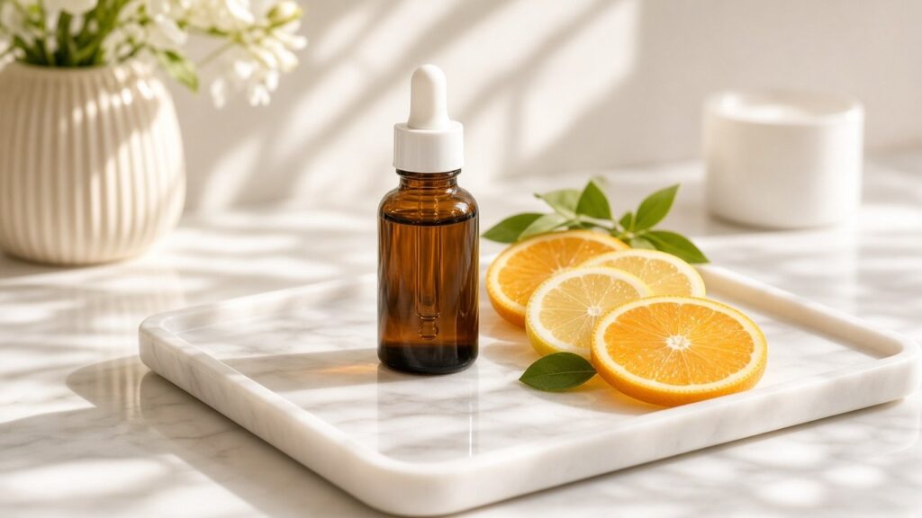 Unbranded amber glass dropper serum bottle with citrus slices on a marble vanity in morning light