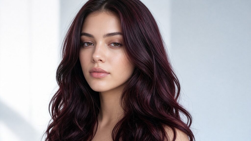 Woman with glossy cherry cola brunette waves