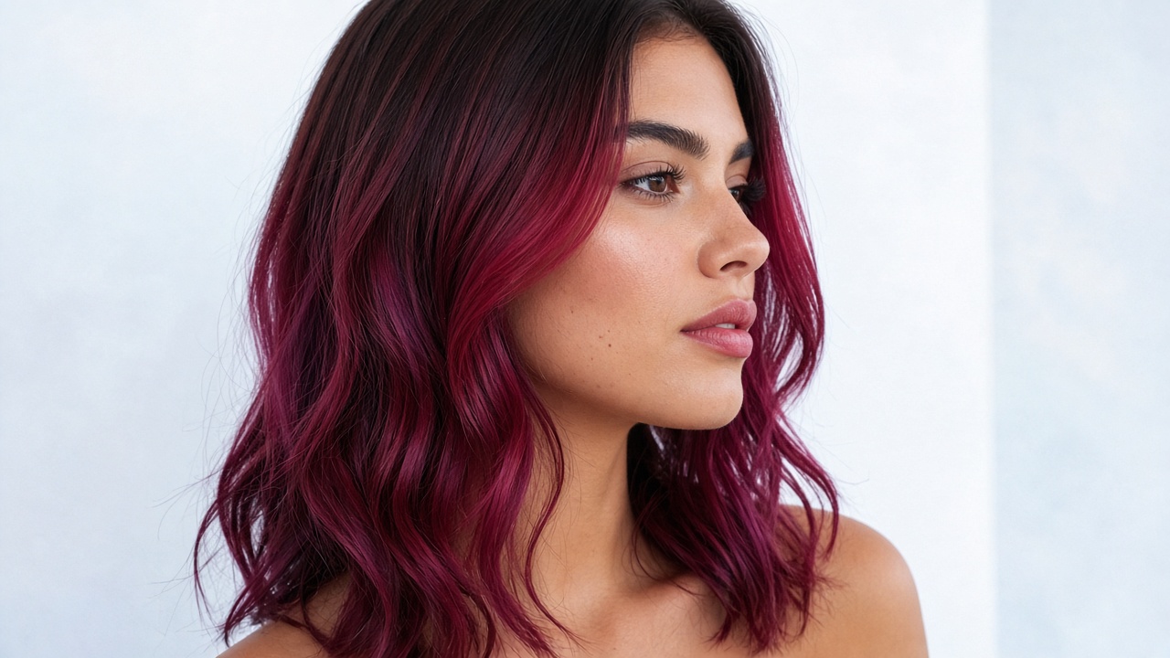Cherry cola color melting from dark roots to brighter face-framing ends