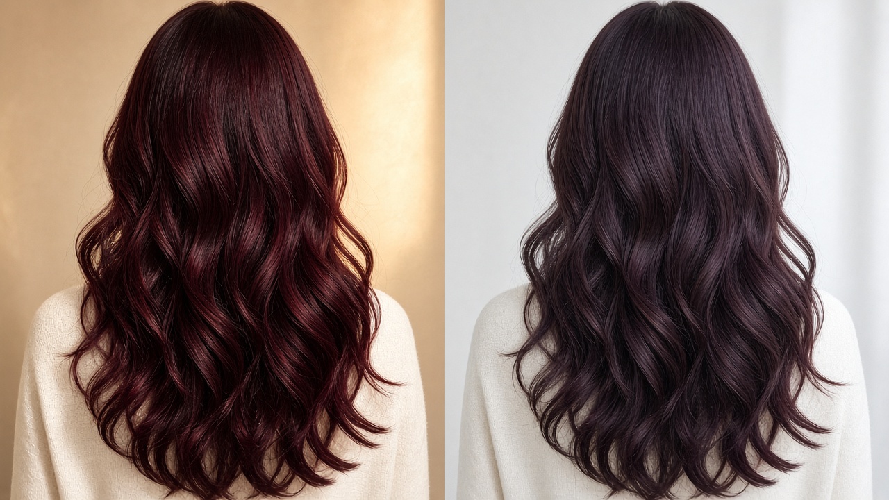 The same cherry cola brunette hair under warm light and cool daylight