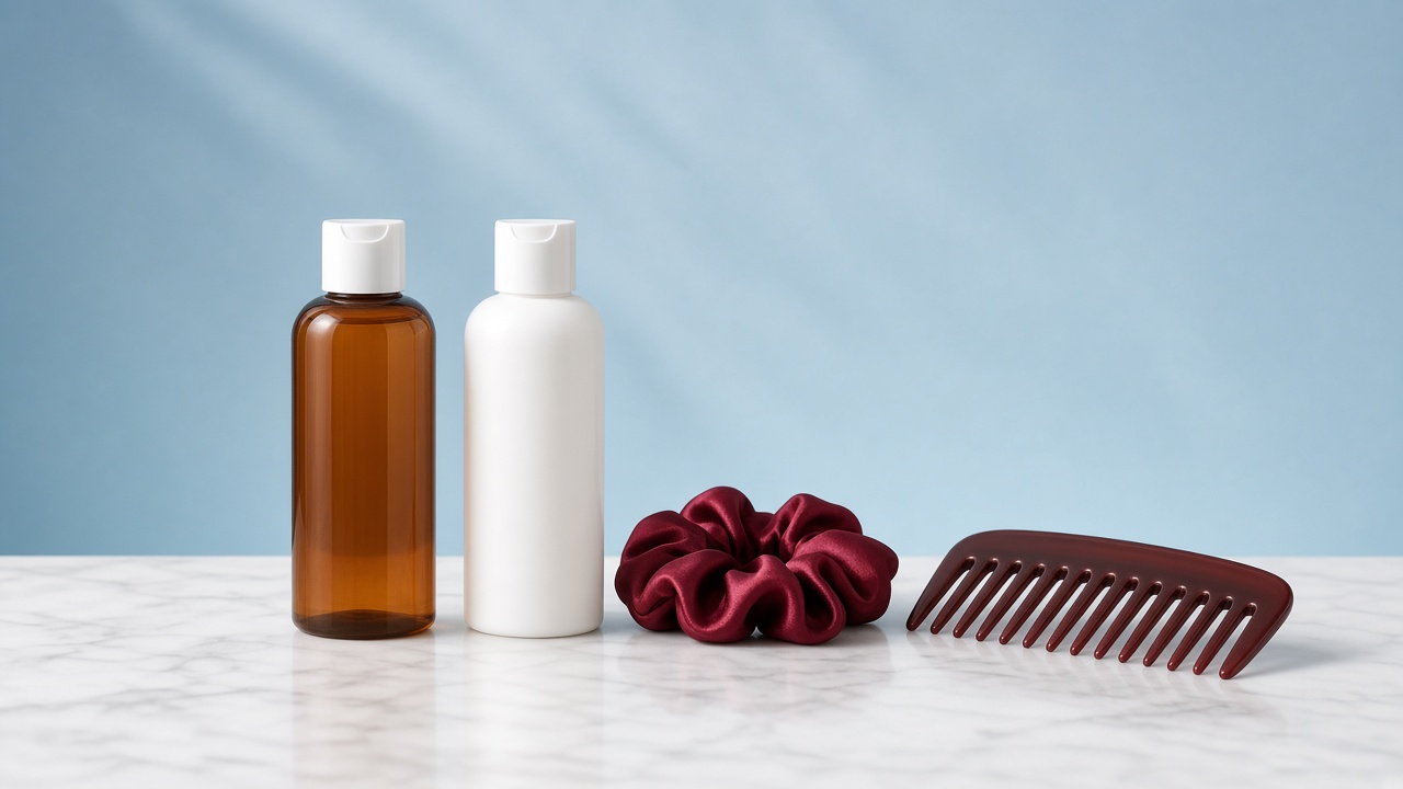Color-care vanity with unbranded bottles, burgundy silk scrunchie and comb