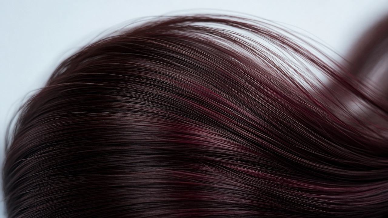 Close-up of dark brunette hair with red-violet cherry reflections