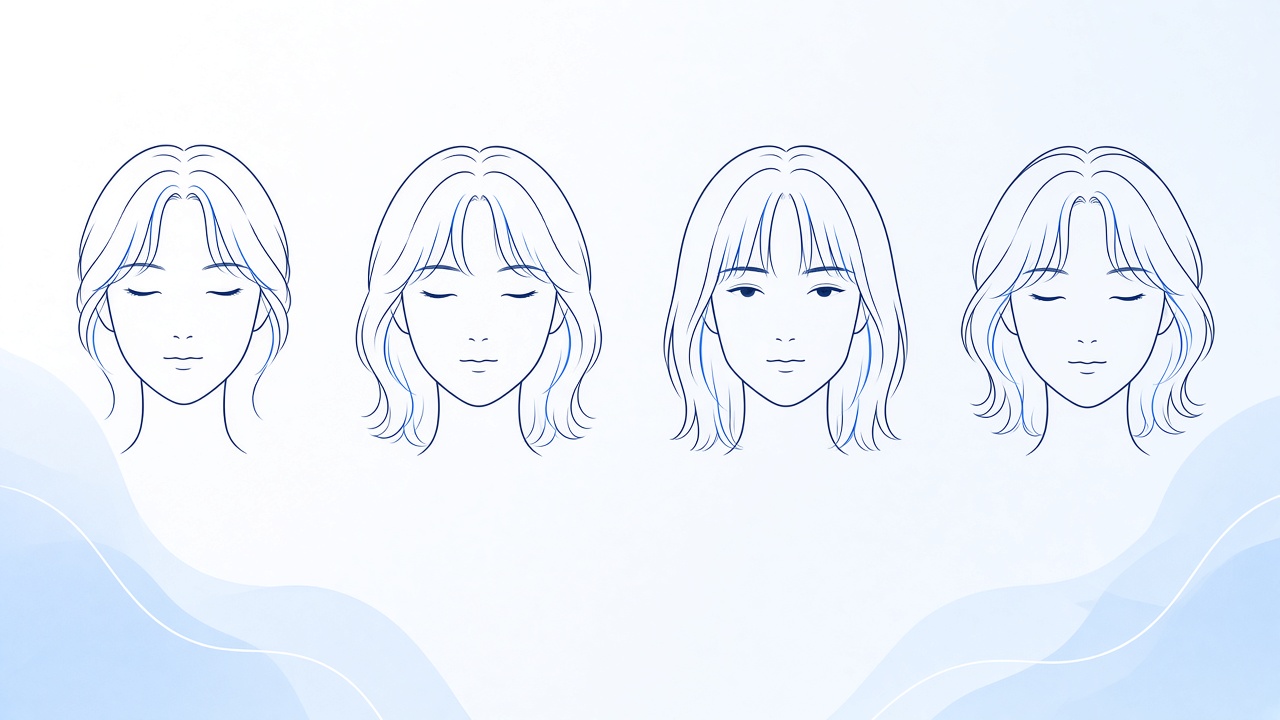 Line illustration of curtain bangs on oval, round, square and heart face shapes