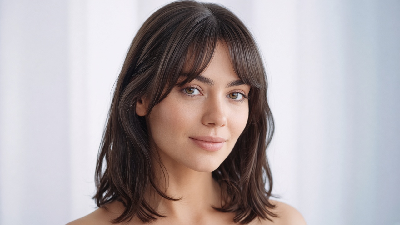 Woman with soft middle-parted curtain bangs and glossy brunette waves