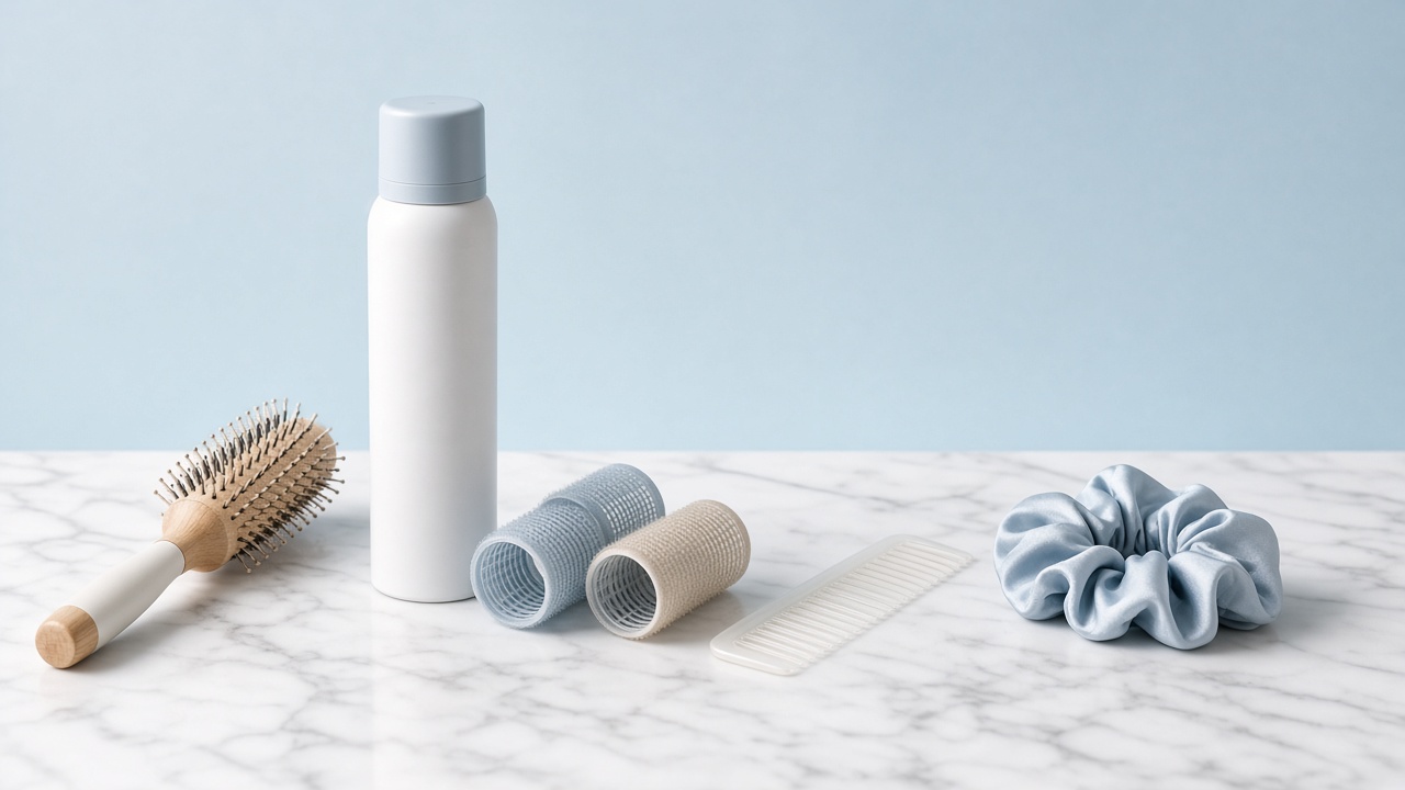 Bangs upkeep kit: round brush, dry shampoo, velcro rollers, comb and silk scrunchie