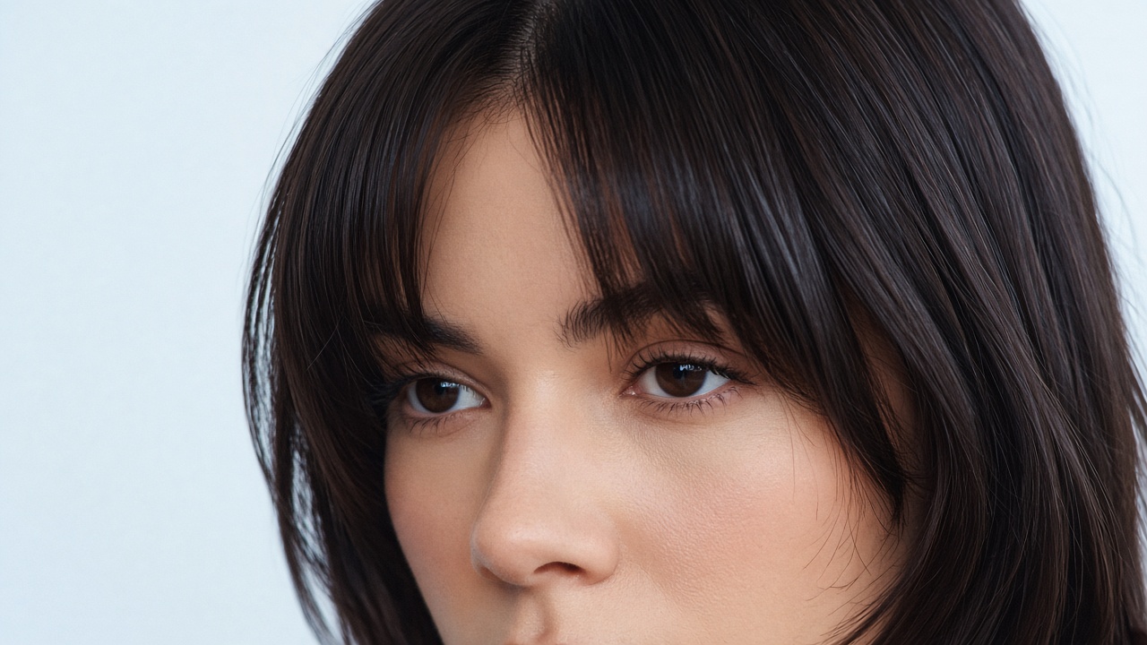 Close-up of curtain bangs sweeping outward from a center part