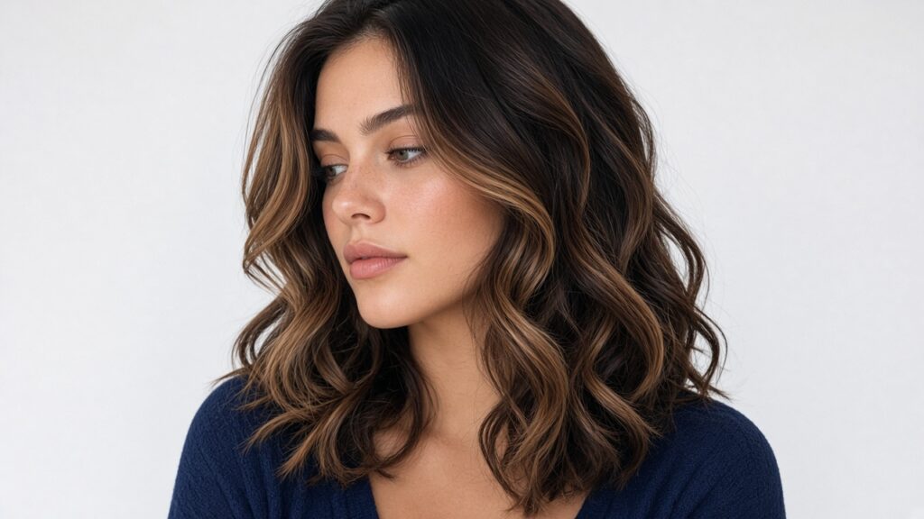 Mocha balayage hero — soft espresso base with caramel-mocha ribbons